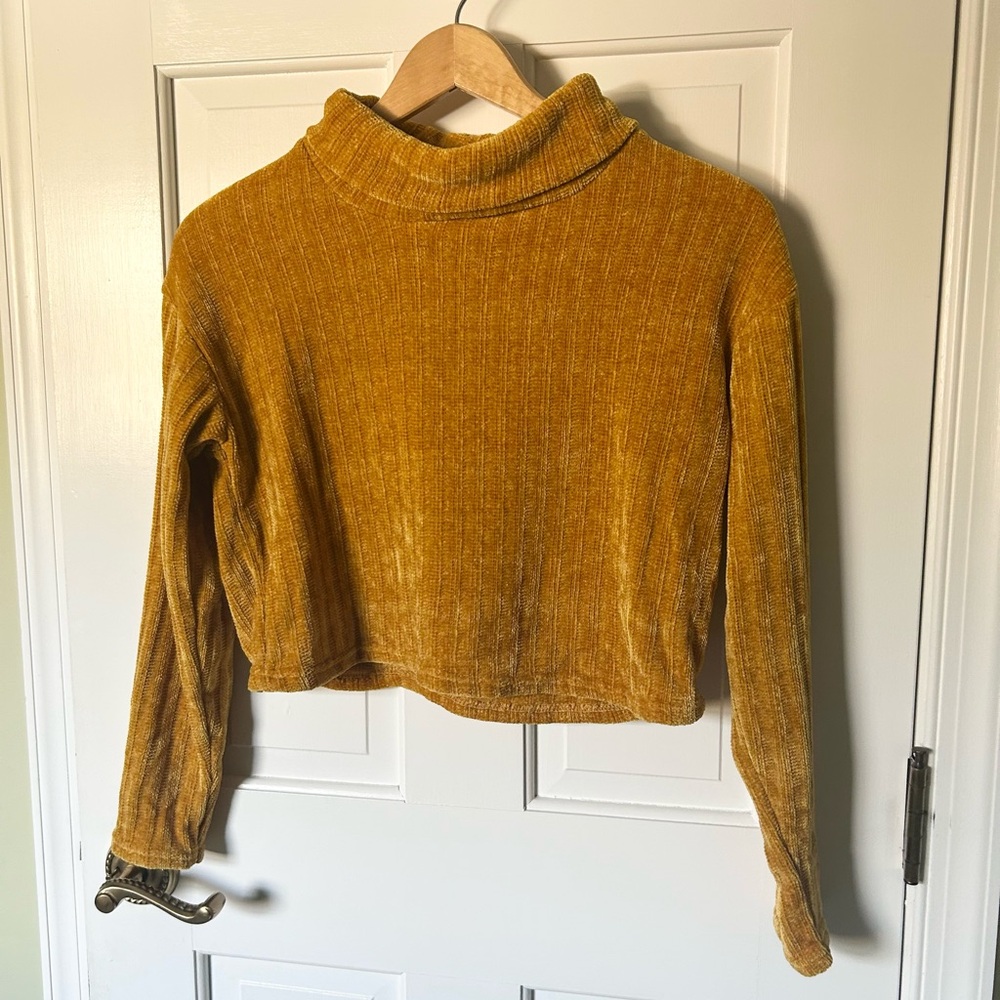 Mustard Yellow Ribbed Velour Cropped Turtleneck Sweater